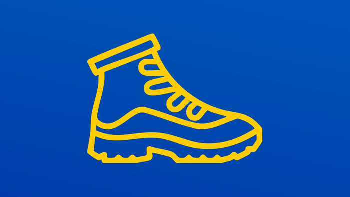A yellow line-art outline of a high-top lace-up boot centered on a solid blue background.