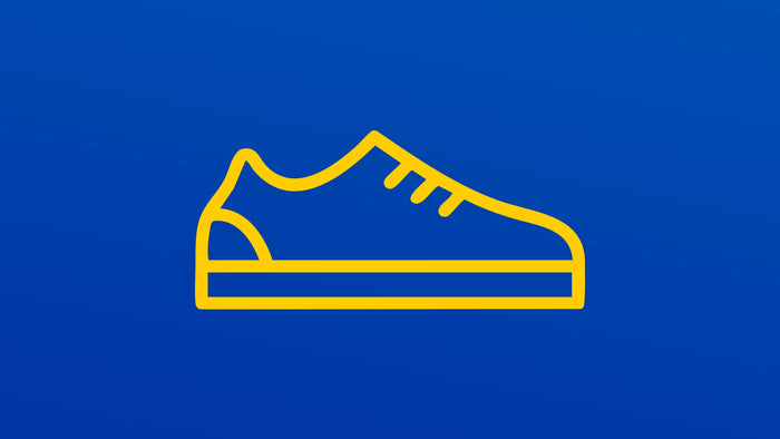 A minimalist yellow line icon of a low-top sneaker centered on a solid blue background.