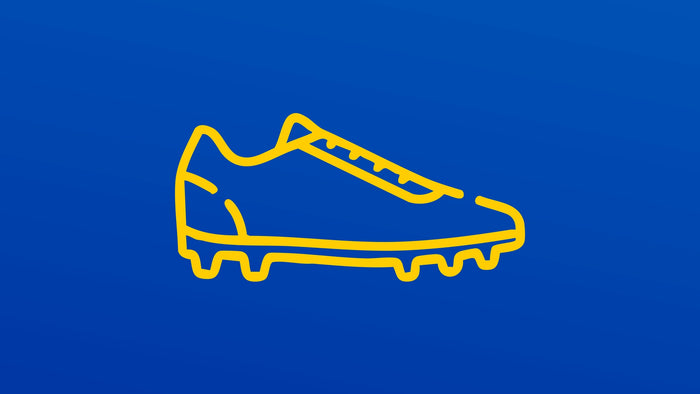 A minimalist yellow line art icon of a soccer cleat on a solid blue background.